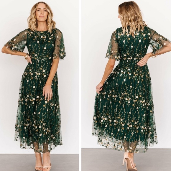 green emerald velvet dress Arabella Embroidered Tulle Maxi Dress